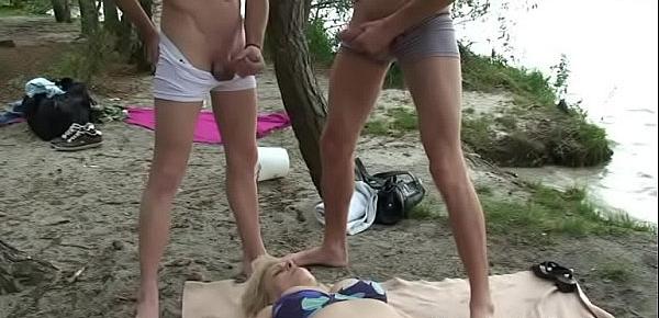  Hot threesome with blonde granny outdoors
